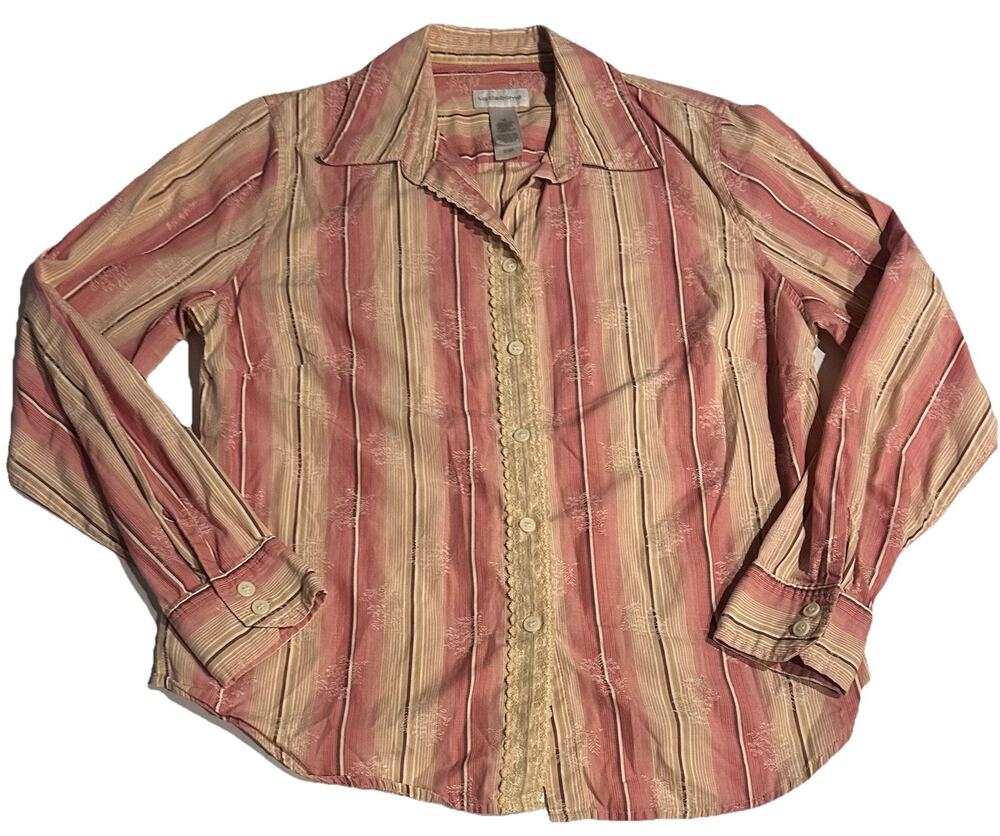 Liz Claiborne Lizsport Peach Striped Button Down Shirt Long Sleeve Sz Med Cotton